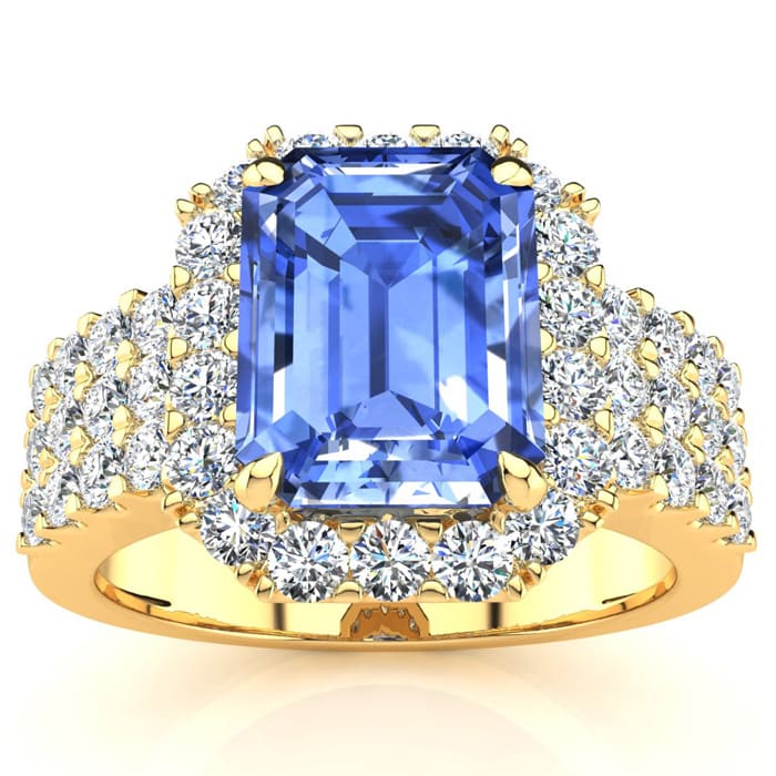 3 1/2 Carat Tanzanite and Halo Diamond Ring In 14 Karat Yellow Gold
