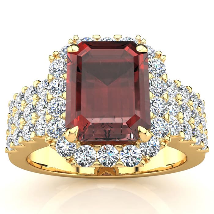 Garnet Ring: Garnet Jewelry: 3 3/4 Carat Garnet and Halo Diamond Ring In 14 Karat Yellow Gold