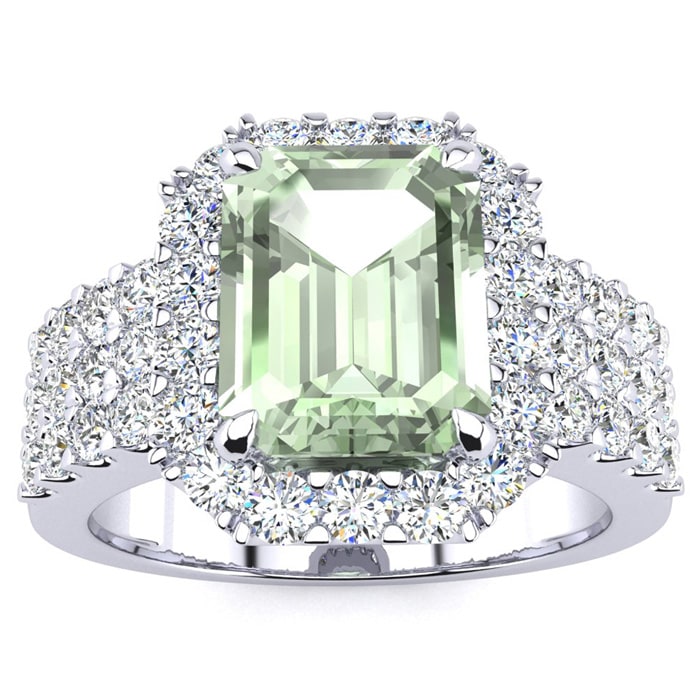 3 Carat Green Amethyst and Halo Diamond Ring In 14 Karat White Gold