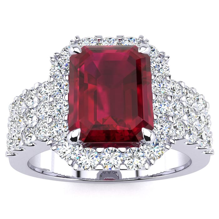 3 3/4 Carat Ruby and Halo Diamond Ring In 14 Karat White Gold