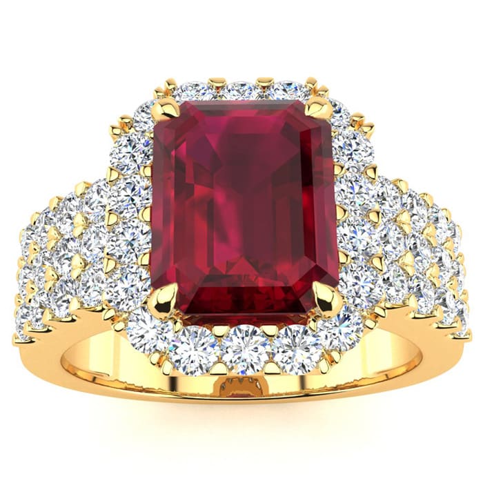 3 3/4 Carat Ruby and Halo Diamond Ring In 14 Karat Yellow Gold