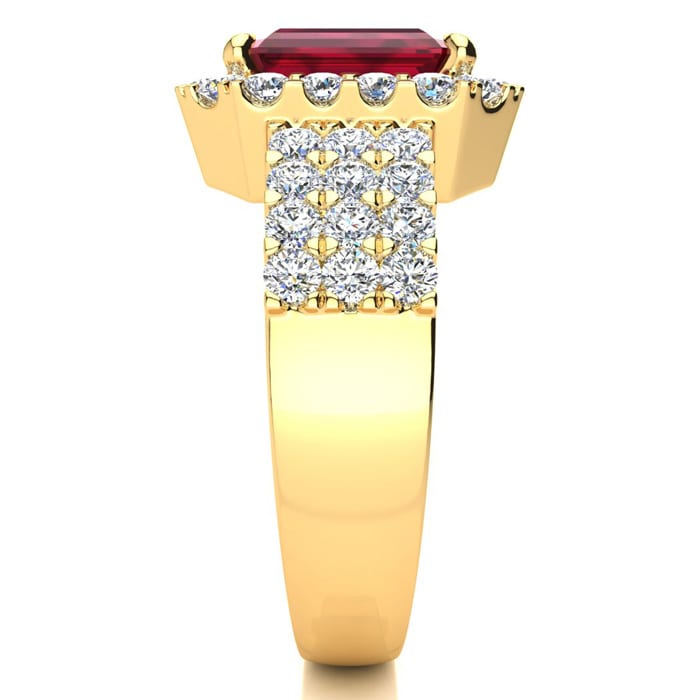 3 3/4 Carat Ruby and Halo Diamond Ring In 14 Karat Yellow Gold
