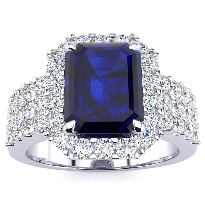 3 3/4 Carat Sapphire and Halo Diamond Ring In 14 Karat White Gold