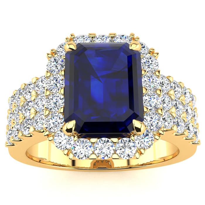 3 3/4 Carat Sapphire and Halo Diamond Ring In 14 Karat Yellow Gold