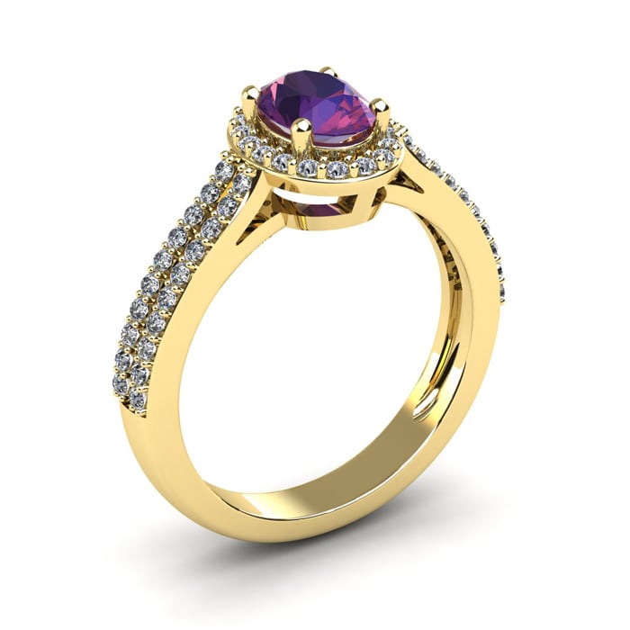 1 Carat Oval Shape Amethyst and Halo Diamond Ring In 14 Karat Yellow Gold