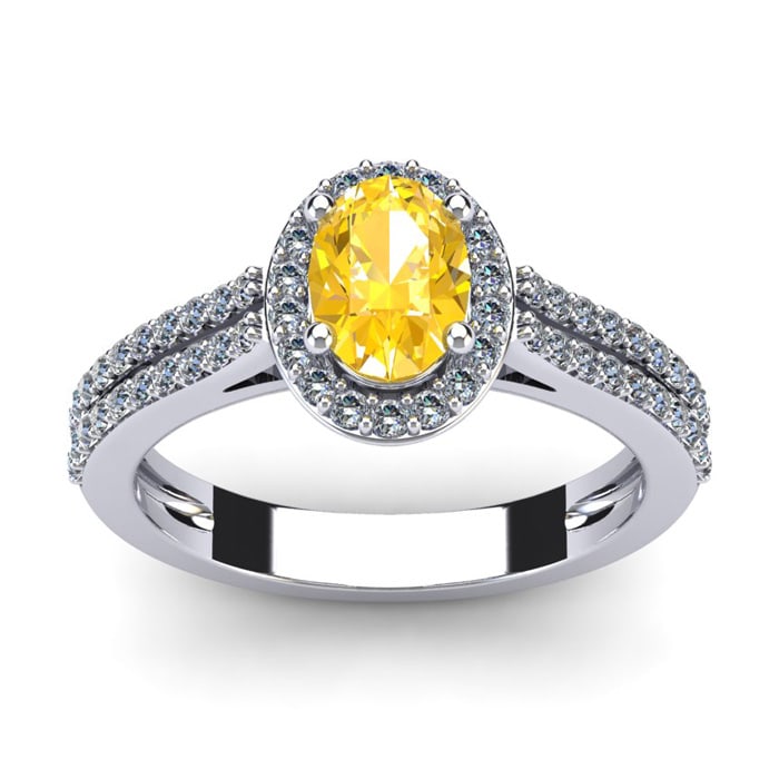 1 Carat Oval Shape Citrine and Halo Diamond Ring In 14 Karat White Gold