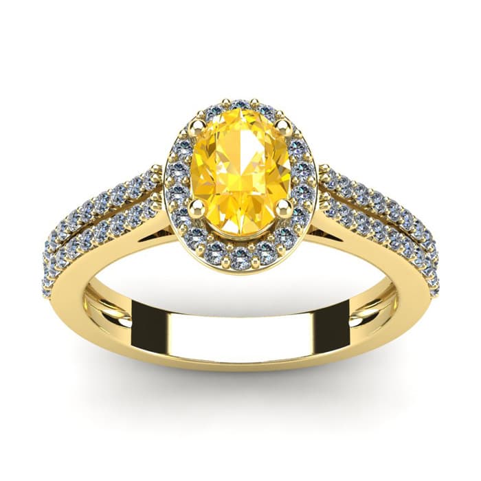 1 Carat Oval Shape Citrine and Halo Diamond Ring In 14 Karat Yellow Gold