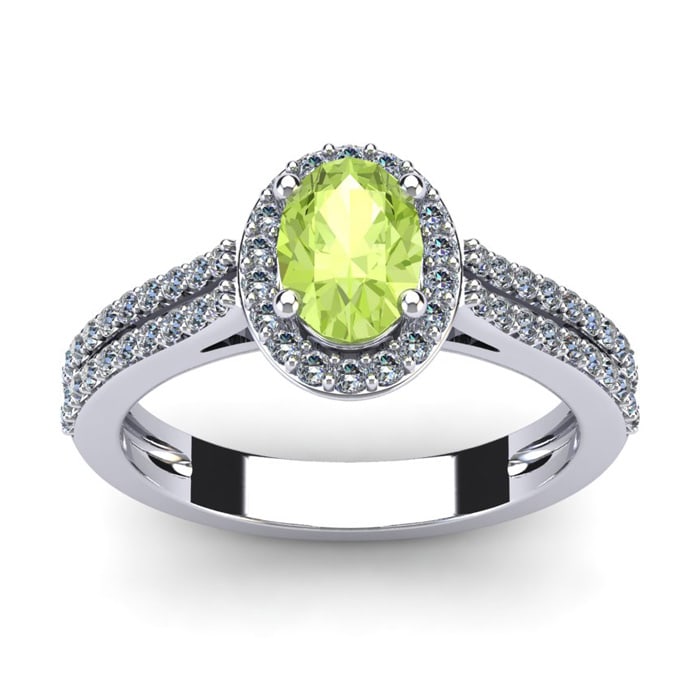 1 1/3 Carat Oval Shape Peridot and Halo Diamond Ring In 14 Karat White Gold