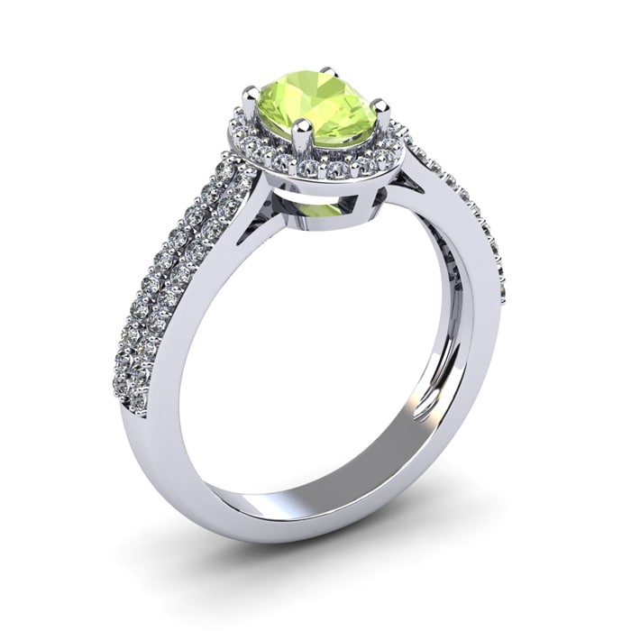 1 1/3 Carat Oval Shape Peridot and Halo Diamond Ring In 14 Karat White Gold