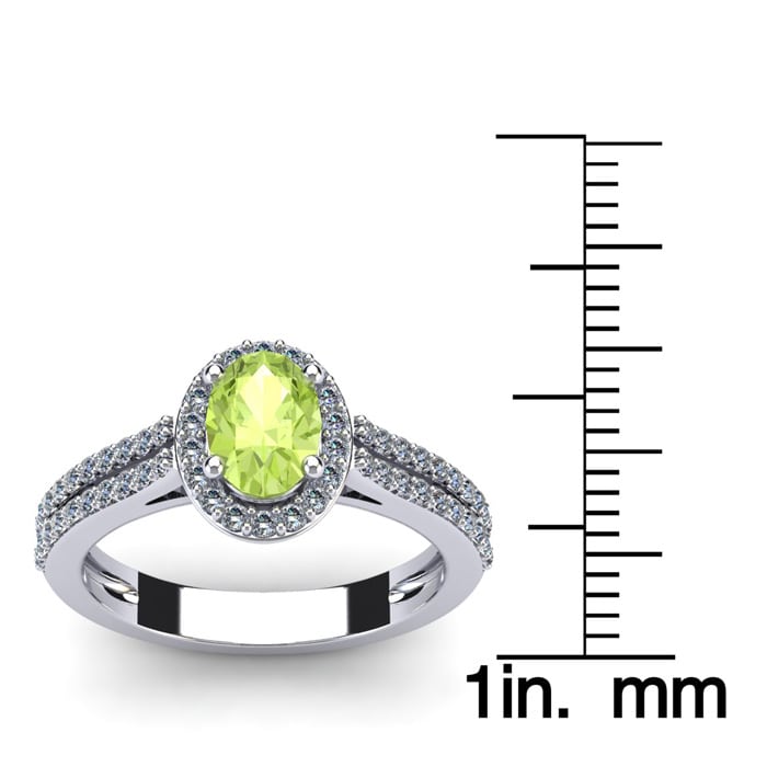 1 1/3 Carat Oval Shape Peridot and Halo Diamond Ring In 14 Karat White Gold