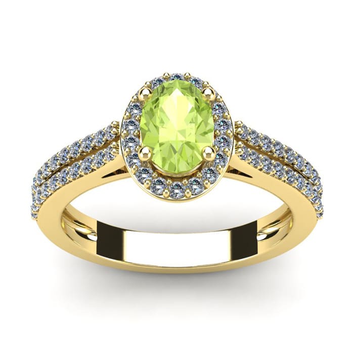 1 1/3 Carat Oval Shape Peridot and Halo Diamond Ring In 14 Karat Yellow Gold