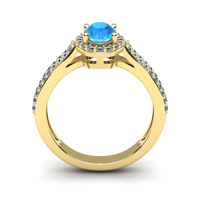 1 1/2 Carat Oval Shape Blue Topaz and Halo Diamond Ring In 14 Karat Yellow Gold