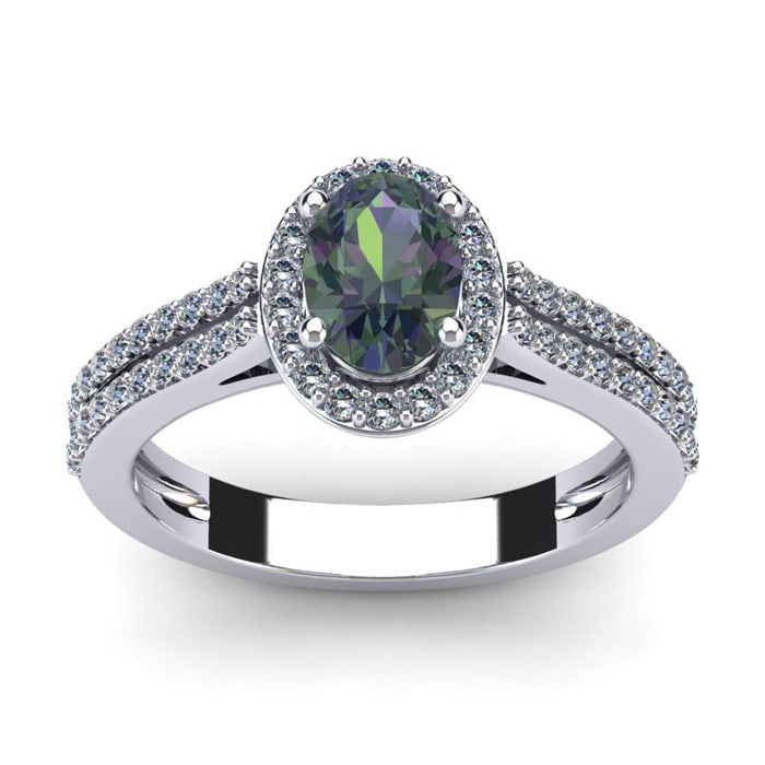 1-1/2 Carat Oval Shape Mystic Topaz Ring With Diamond Halo In 14 Karat White Gold