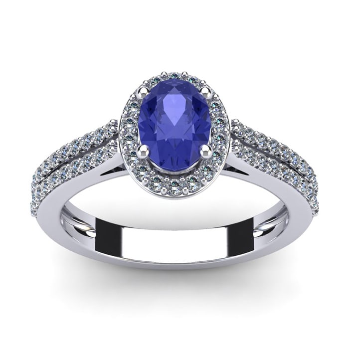 1 1/3 Carat Oval Shape Tanzanite and Halo Diamond Ring In 14 Karat White Gold