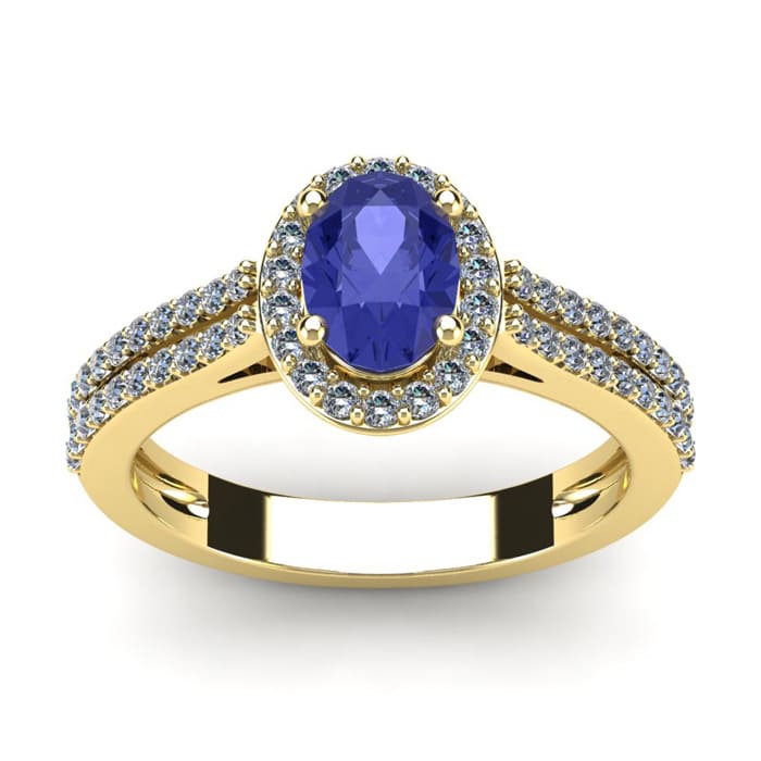 1 1/3 Carat Oval Shape Tanzanite and Halo Diamond Ring In 14 Karat Yellow Gold