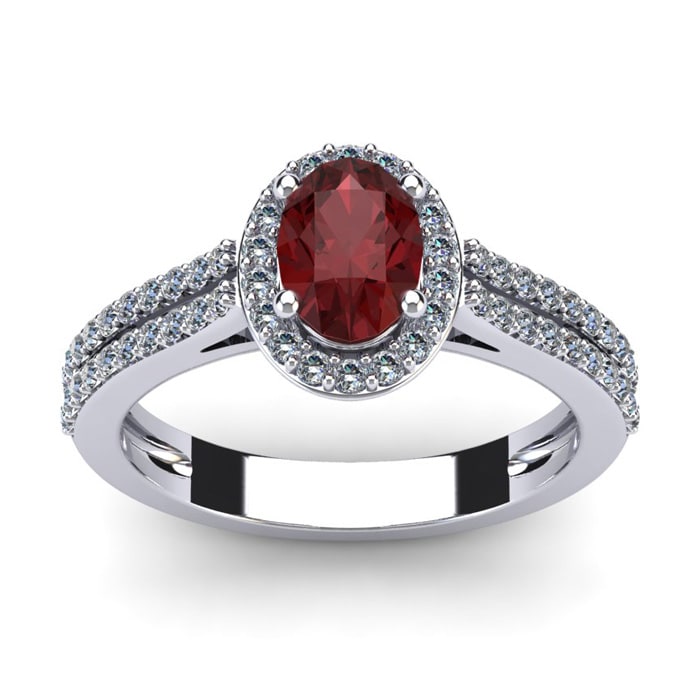 Garnet Ring: Garnet Jewelry: 1 1/2 Carat Oval Shape Garnet and Halo Diamond Ring In 14 Karat White Gold