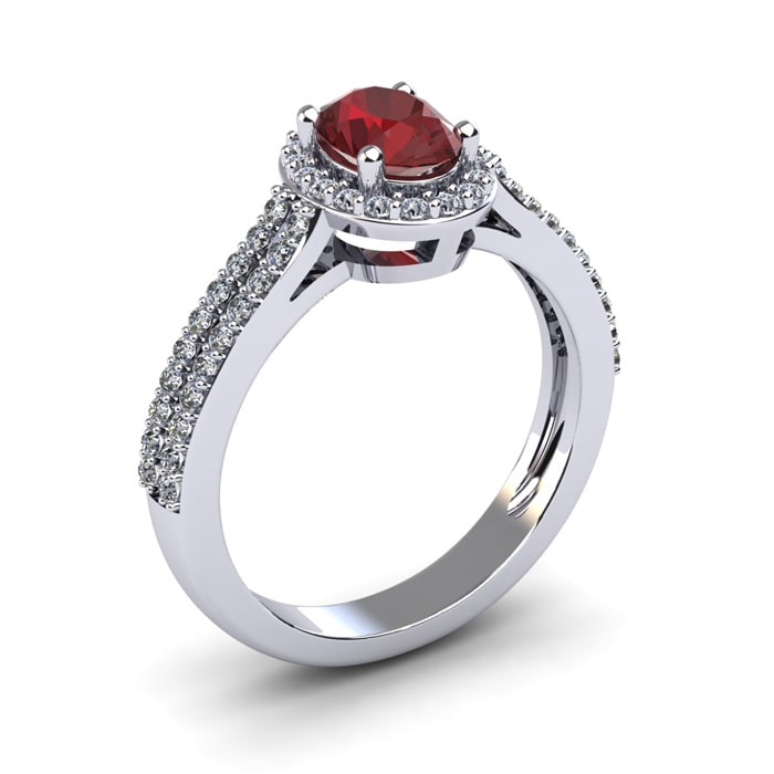 Garnet Ring: Garnet Jewelry: 1 1/2 Carat Oval Shape Garnet and Halo Diamond Ring In 14 Karat White Gold