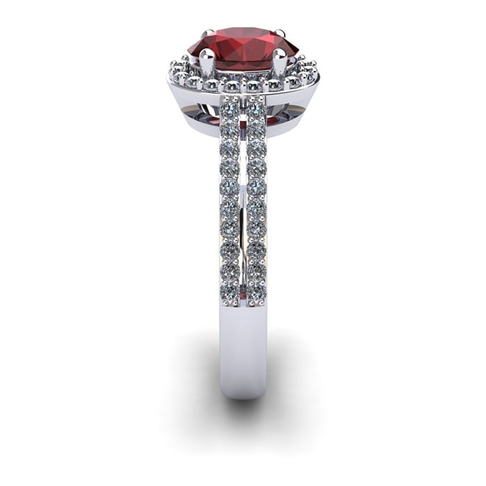 Garnet Ring: Garnet Jewelry: 1 1/2 Carat Oval Shape Garnet and Halo Diamond Ring In 14 Karat White Gold