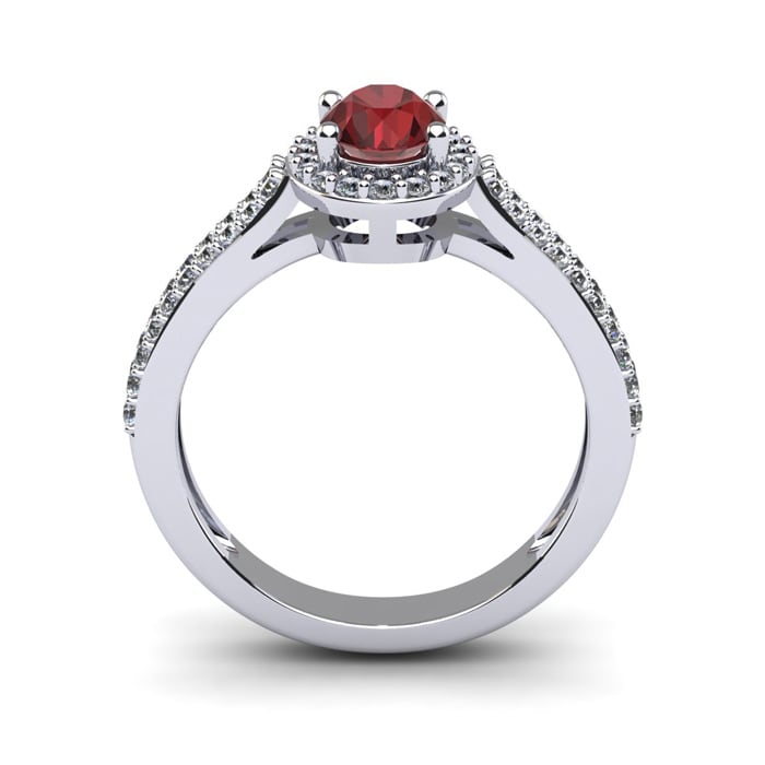 Garnet Ring: Garnet Jewelry: 1 1/2 Carat Oval Shape Garnet and Halo Diamond Ring In 14 Karat White Gold