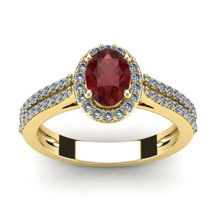 Garnet Ring: Garnet Jewelry: 1 1/2 Carat Oval Shape Garnet and Halo Diamond Ring In 14 Karat Yellow Gold