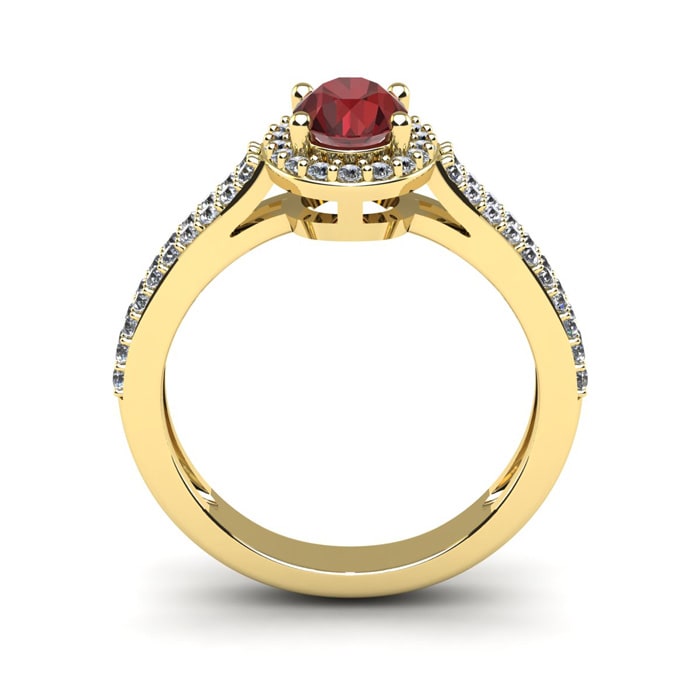 Garnet Ring: Garnet Jewelry: 1 1/2 Carat Oval Shape Garnet and Halo Diamond Ring In 14 Karat Yellow Gold