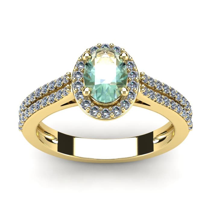 1 Carat Oval Shape Green Amethyst and Halo Diamond Ring In 14 Karat Yellow Gold