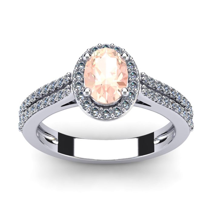 1-1/4 Carat Oval Shape Morganite and Halo Diamond Ring In 14 Karat White Gold