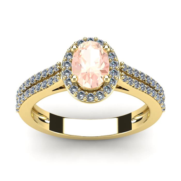 1-1/4 Carat Oval Shape Morganite and Halo Diamond Ring In 14 Karat Yellow Gold