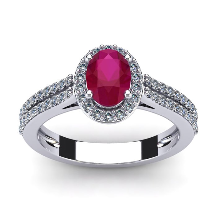 1 1/3 Carat Oval Shape Ruby and Halo Diamond Ring In 14 Karat White Gold