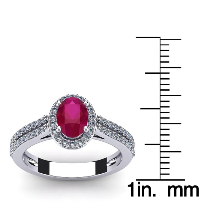 1 1/3 Carat Oval Shape Ruby and Halo Diamond Ring In 14 Karat White Gold