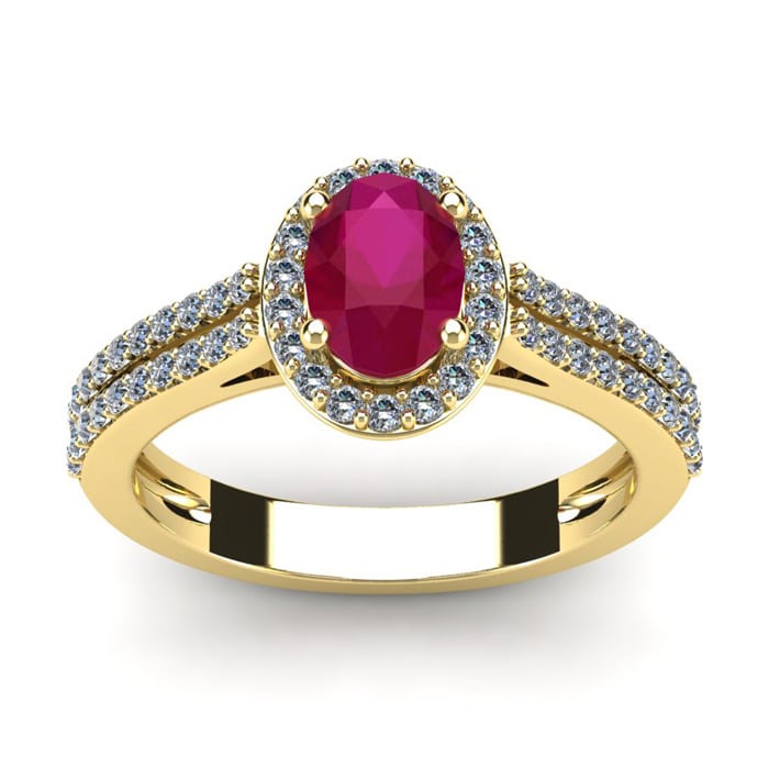 1 1/3 Carat Oval Shape Ruby and Halo Diamond Ring In 14 Karat Yellow Gold
