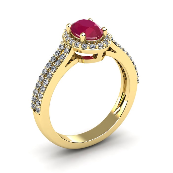 1 1/3 Carat Oval Shape Ruby and Halo Diamond Ring In 14 Karat Yellow Gold