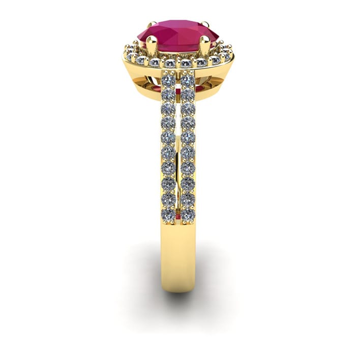 1 1/3 Carat Oval Shape Ruby and Halo Diamond Ring In 14 Karat Yellow Gold