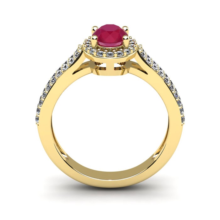 1 1/3 Carat Oval Shape Ruby and Halo Diamond Ring In 14 Karat Yellow Gold