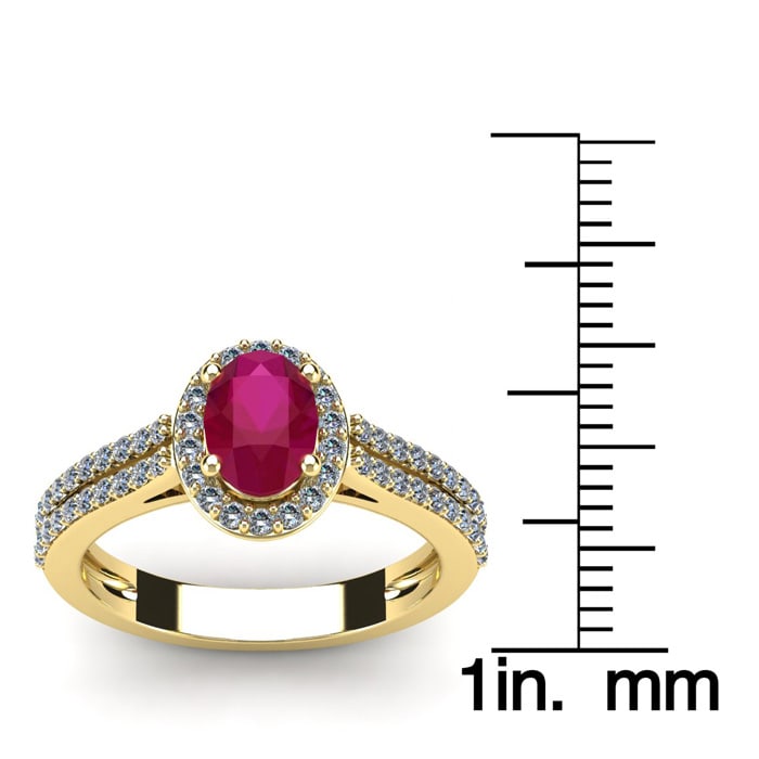 1 1/3 Carat Oval Shape Ruby and Halo Diamond Ring In 14 Karat Yellow Gold