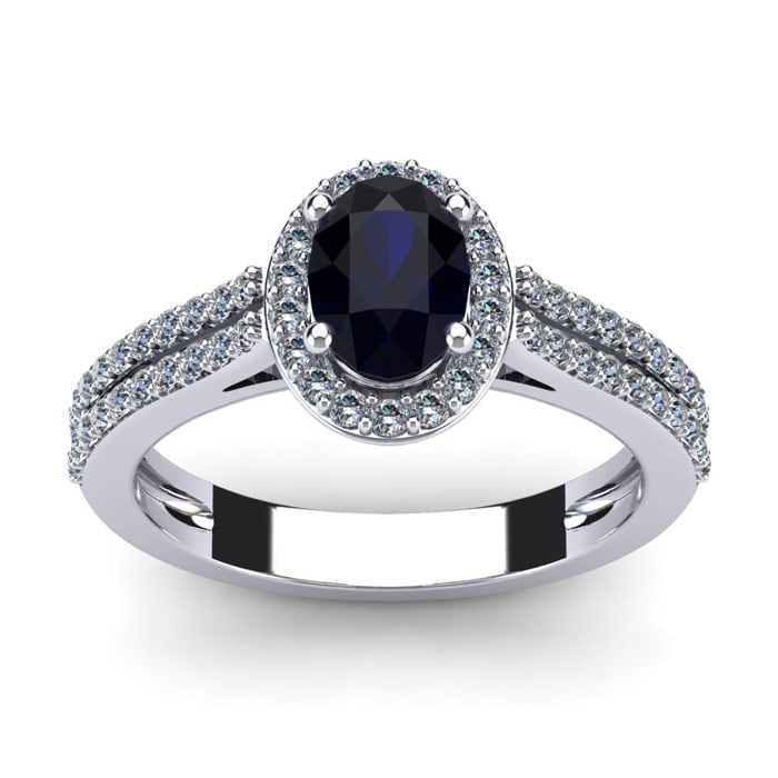 1 1/2 Carat Oval Shape Sapphire and Halo Diamond Ring In 14 Karat White Gold