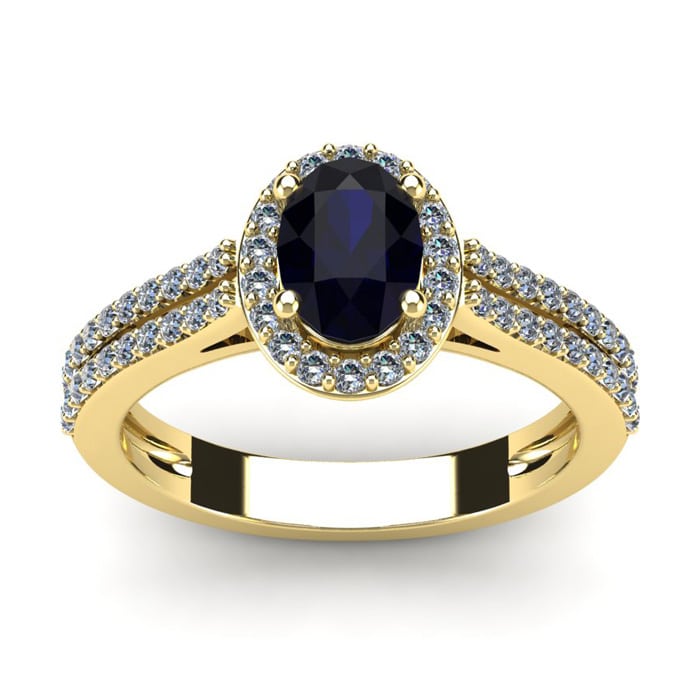 1 1/2 Carat Oval Shape Sapphire and Halo Diamond Ring In 14 Karat Yellow Gold