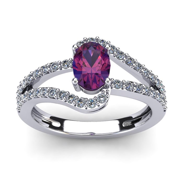 1 Carat Oval Shape Amethyst and Fancy Diamond Ring In 14 Karat White Gold