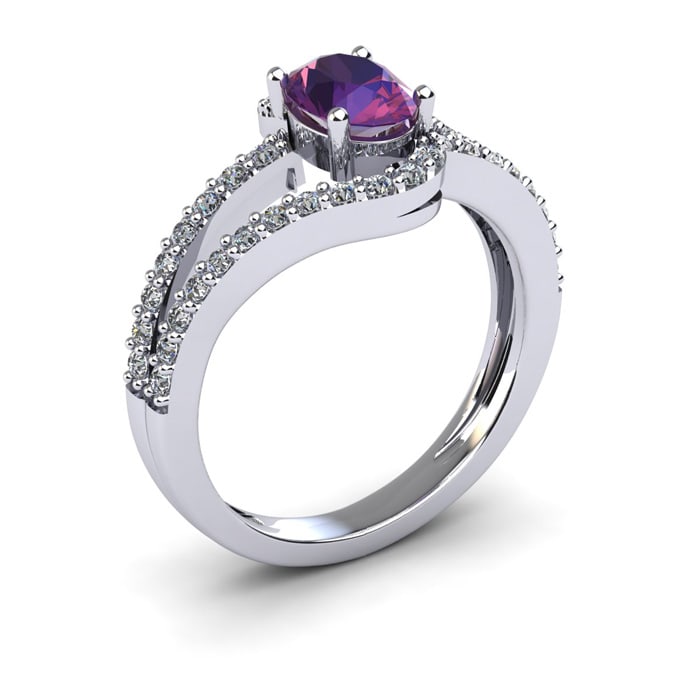 1 Carat Oval Shape Amethyst and Fancy Diamond Ring In 14 Karat White Gold