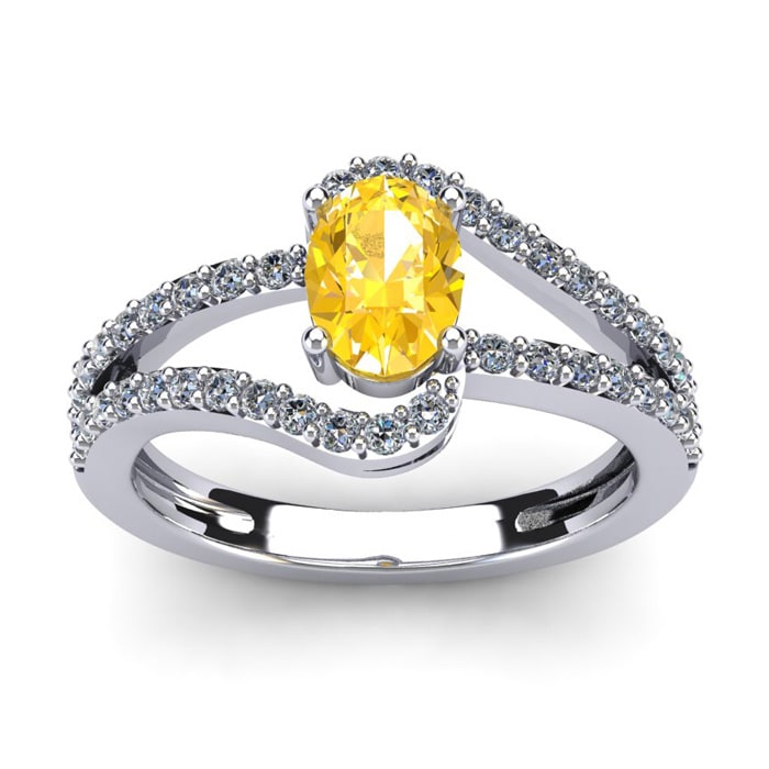 1 Carat Oval Shape Citrine and Fancy Diamond Ring In 14 Karat White Gold