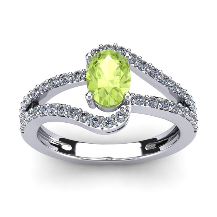 1 1/3 Carat Oval Shape Peridot and Fancy Diamond Ring In 14 Karat White Gold