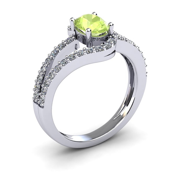 1 1/3 Carat Oval Shape Peridot and Fancy Diamond Ring In 14 Karat White Gold