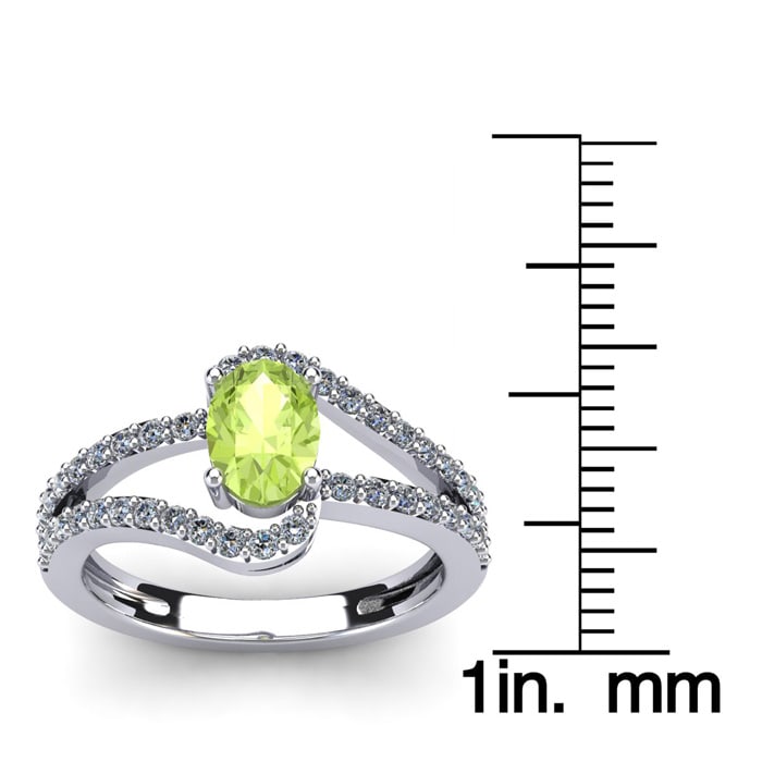 1 1/3 Carat Oval Shape Peridot and Fancy Diamond Ring In 14 Karat White Gold