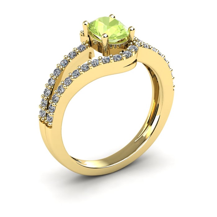 1 1/3 Carat Oval Shape Peridot and Fancy Diamond Ring In 14 Karat Yellow Gold