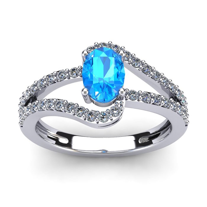 1 1/2 Carat Oval Shape Blue Topaz and Fancy Diamond Ring In 14 Karat White Gold
