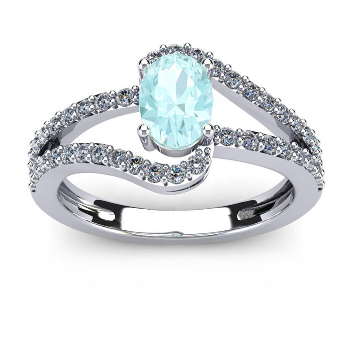 Aquamarine Ring: Aquamarine Jewelry: 1 1/4 Carat Oval Shape Aquamarine and Fancy Diamond Ring In 14 Karat White Gold