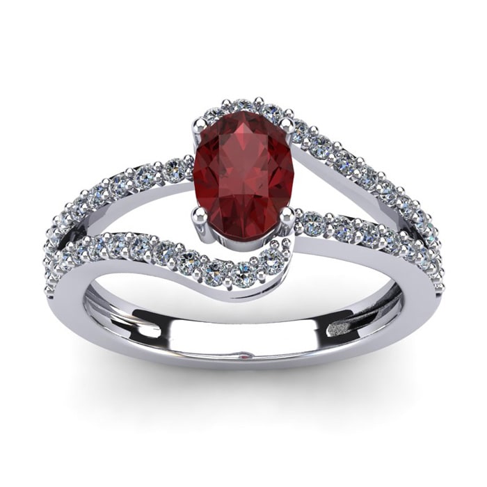 Garnet Ring: Garnet Jewelry: 1 1/2 Carat Oval Shape Garnet and Fancy Diamond Ring In 14 Karat White Gold