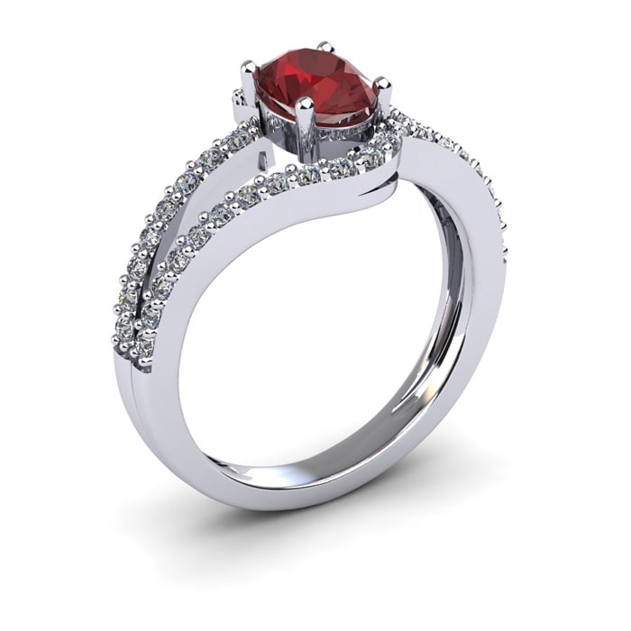 Garnet Ring: Garnet Jewelry: 1 1/2 Carat Oval Shape Garnet and Fancy Diamond Ring In 14 Karat White Gold