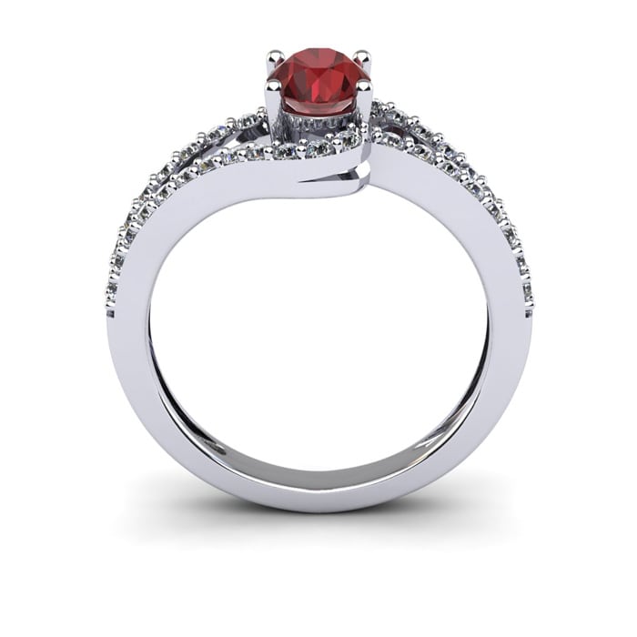 Garnet Ring: Garnet Jewelry: 1 1/2 Carat Oval Shape Garnet and Fancy Diamond Ring In 14 Karat White Gold