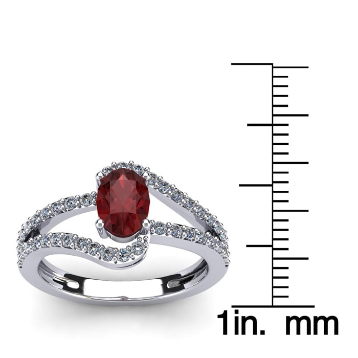 Garnet Ring: Garnet Jewelry: 1 1/2 Carat Oval Shape Garnet and Fancy Diamond Ring In 14 Karat White Gold